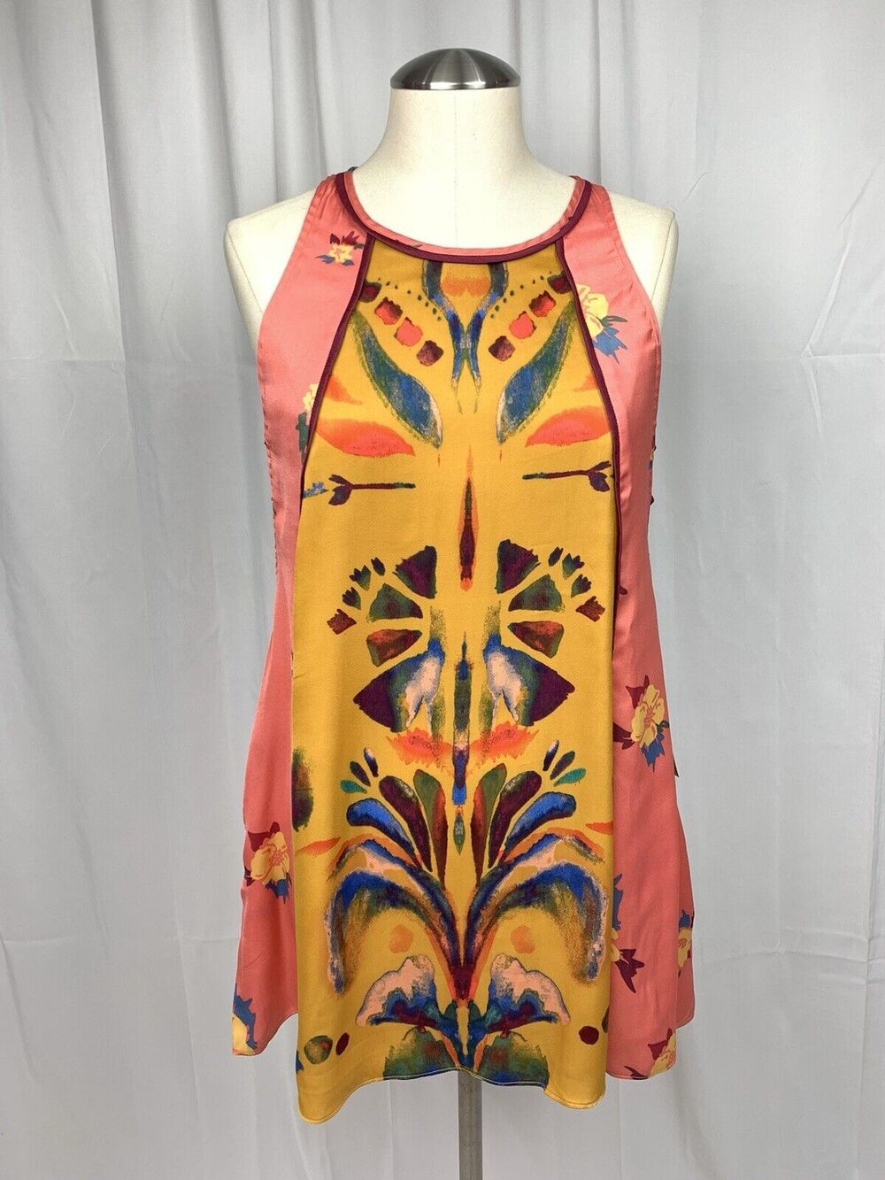Free People "Dream Free" Peach Mustard Floral Tunic Slip Dress Sleeveless S
